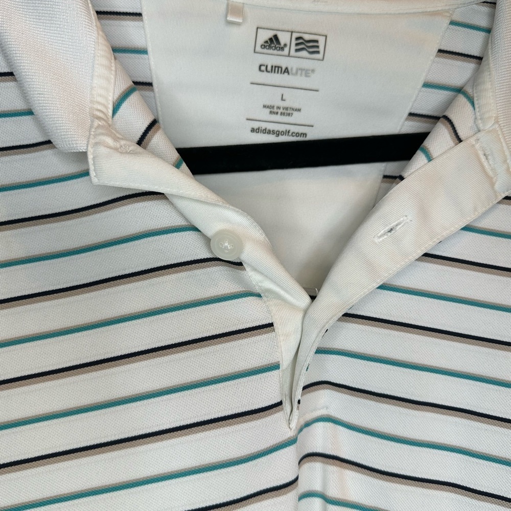 Adidas White and Green Polo Shirt Classic Striped Design - Picture 2 of 4